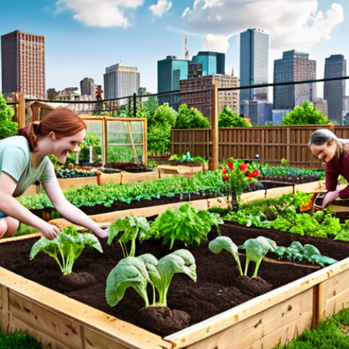 Home 11 ** A vibrant community garden scene. Families are working together, planting vegetables in raised beds. Include children learning from adults. The background features a cityscape skyline, subtly illustrating the urban setting. Focus on the joy and connection of people growing their own food.
**