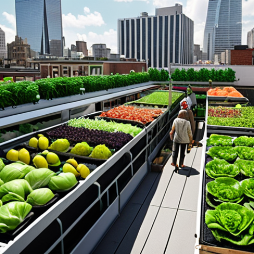 Home 6 ** A vibrant, bustling city scene with a focus on urban farming initiatives. Show rooftop gardens and vertical farms integrated into the cityscape. Include diverse people participating in harvesting fresh produce. The overall feeling should be hopeful and illustrate sustainable food production within an urban environment.
**