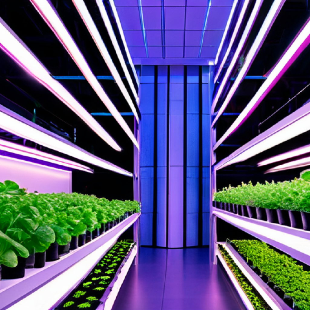 A highly advanced indoor vertical farm, showcasing layers of lush green leafy vegetables growing under futuristic, soft pink and purple LED lights. Hydroponic systems are visible with clear, clean water flowing. The setting is a pristine, controlled environment within a modern urban building, with sophisticated data screens subtly integrated into the background, hinting at AI optimization. The space is clean, bright, and sterile. A sense of innovation and sustainability is conveyed. fully clothed, modest clothing, appropriate attire, professional dress, safe for work, appropriate content, perfect anatomy, correct proportions, natural pose, well-formed hands, proper finger count, natural body proportions, professional photography, high quality, family-friendly.