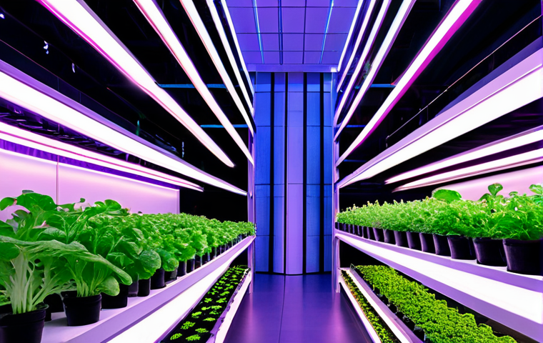 A highly advanced indoor vertical farm, showcasing layers of lush green leafy vegetables growing under futuristic, soft pink and purple LED lights. Hydroponic systems are visible with clear, clean water flowing. The setting is a pristine, controlled environment within a modern urban building, with sophisticated data screens subtly integrated into the background, hinting at AI optimization. The space is clean, bright, and sterile. A sense of innovation and sustainability is conveyed. fully clothed, modest clothing, appropriate attire, professional dress, safe for work, appropriate content, perfect anatomy, correct proportions, natural pose, well-formed hands, proper finger count, natural body proportions, professional photography, high quality, family-friendly.