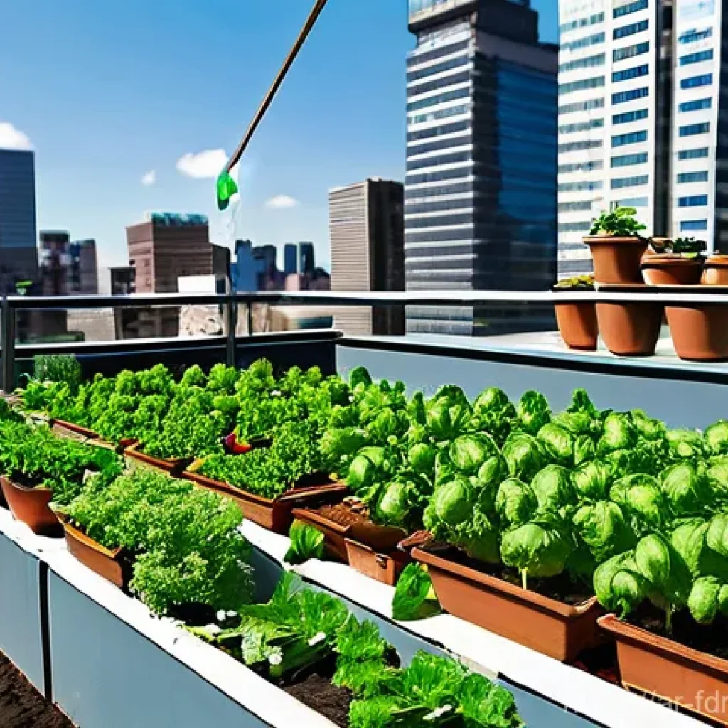 도시 식량 정의와 지역 경제 활성화 - **Prompt 1: Urban Rooftop Community Garden**
A vibrant, sun-drenched rooftop community garden in...