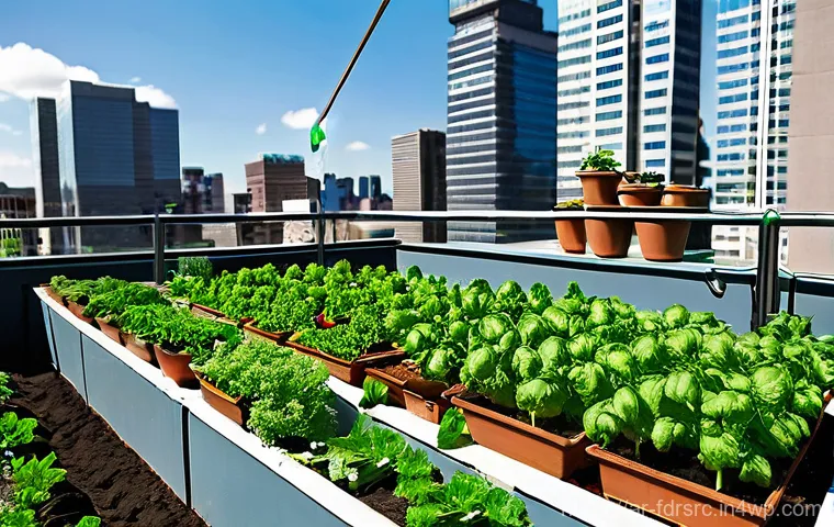 도시 식량 정의와 지역 경제 활성화 - **Prompt 1: Urban Rooftop Community Garden**
A vibrant, sun-drenched rooftop community garden in...