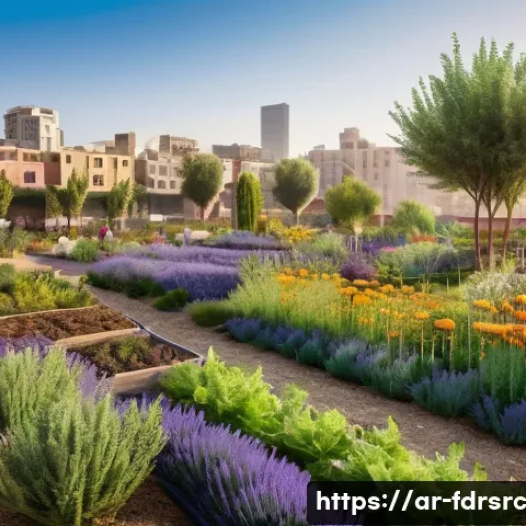 도시 농업 참여를 통한 생태계 복원 - A vibrant urban community garden in a Middle Eastern city during early morning light, showcasing loc...