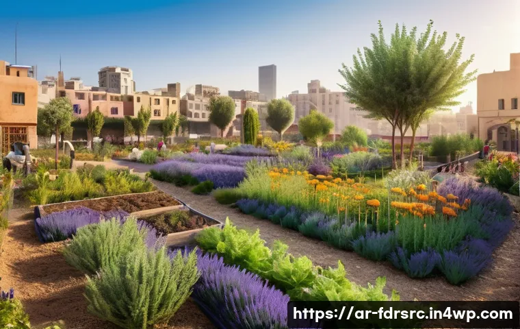 도시 농업 참여를 통한 생태계 복원 - A vibrant urban community garden in a Middle Eastern city during early morning light, showcasing loc...