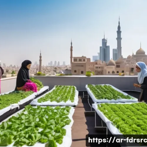 Home 31 도시 식량 정의를 위한 민관 협력 모델 - A vibrant urban rooftop garden in a Middle Eastern city, showcasing diverse community members of var...