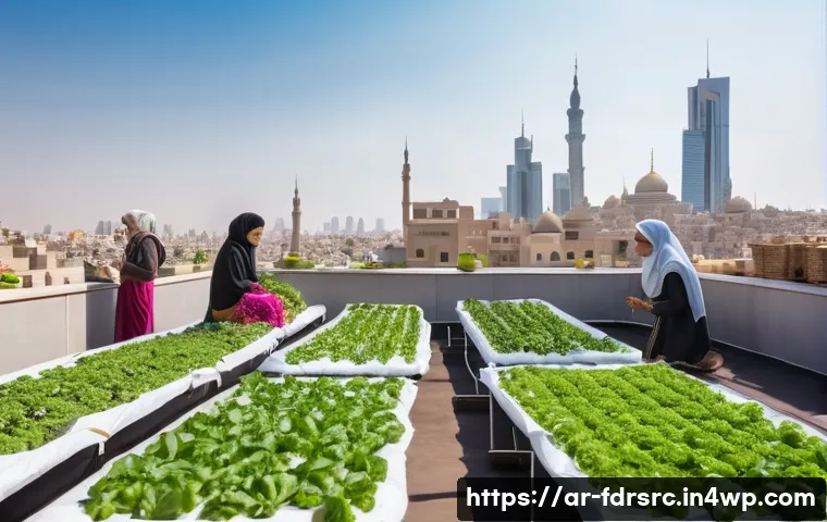 도시 식량 정의를 위한 민관 협력 모델 - A vibrant urban rooftop garden in a Middle Eastern city, showcasing diverse community members of var...