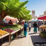 Home 18 도시 식량 정의와 식문화의 변화 - A vibrant urban farmers market scene in a Middle Eastern city, featuring diverse local vendors selli...