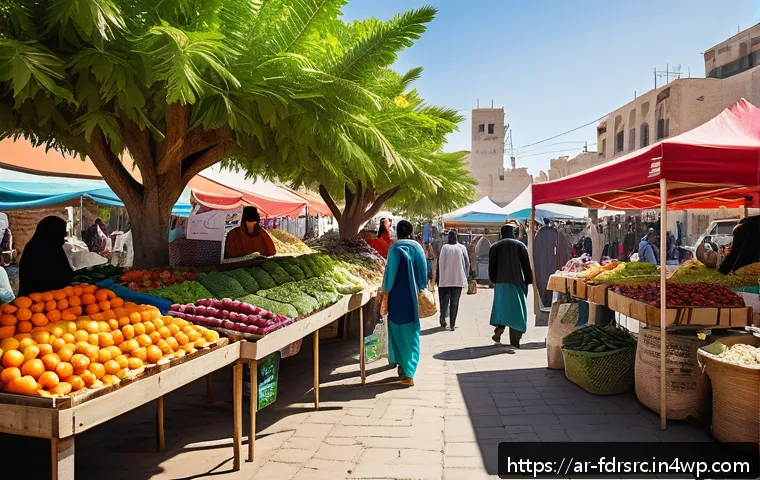 도시 식량 정의와 식문화의 변화 - A vibrant urban farmers market scene in a Middle Eastern city, featuring diverse local vendors selli...