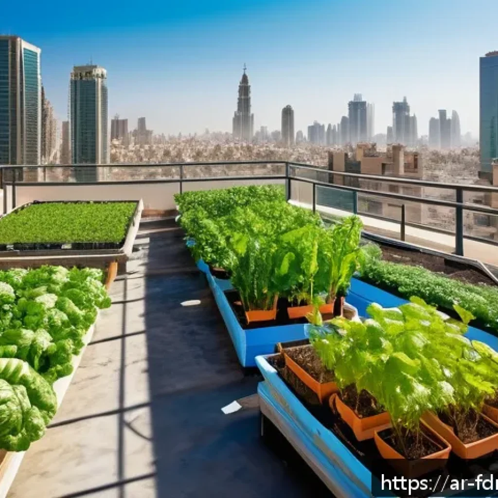 도시 농업 참여를 위한 멘토링 프로그램 - A vibrant urban rooftop garden scene in a Middle Eastern city, featuring diverse leafy vegetables an...