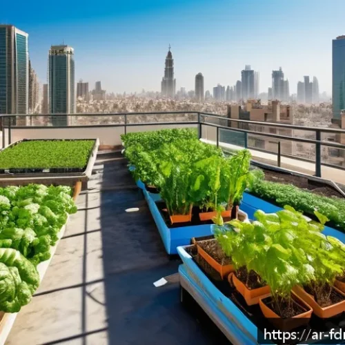 Home 17 도시 농업 참여를 위한 멘토링 프로그램 - A vibrant urban rooftop garden scene in a Middle Eastern city, featuring diverse leafy vegetables an...