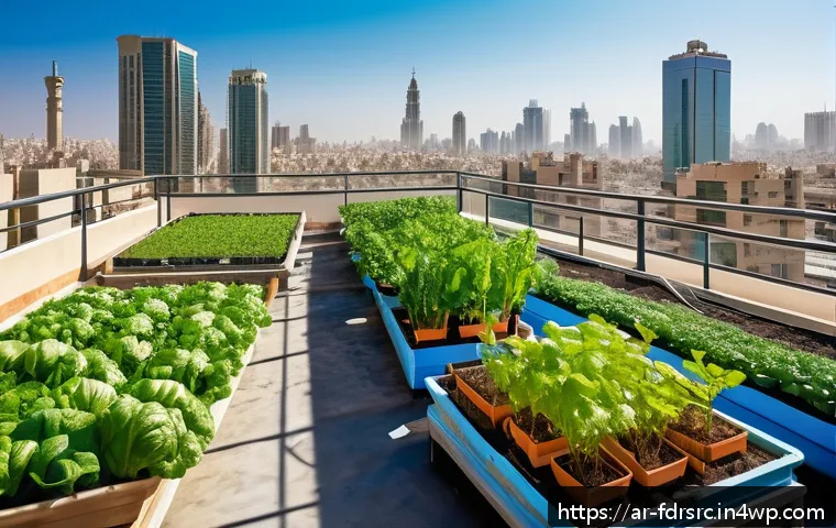 도시 농업 참여를 위한 멘토링 프로그램 - A vibrant urban rooftop garden scene in a Middle Eastern city, featuring diverse leafy vegetables an...